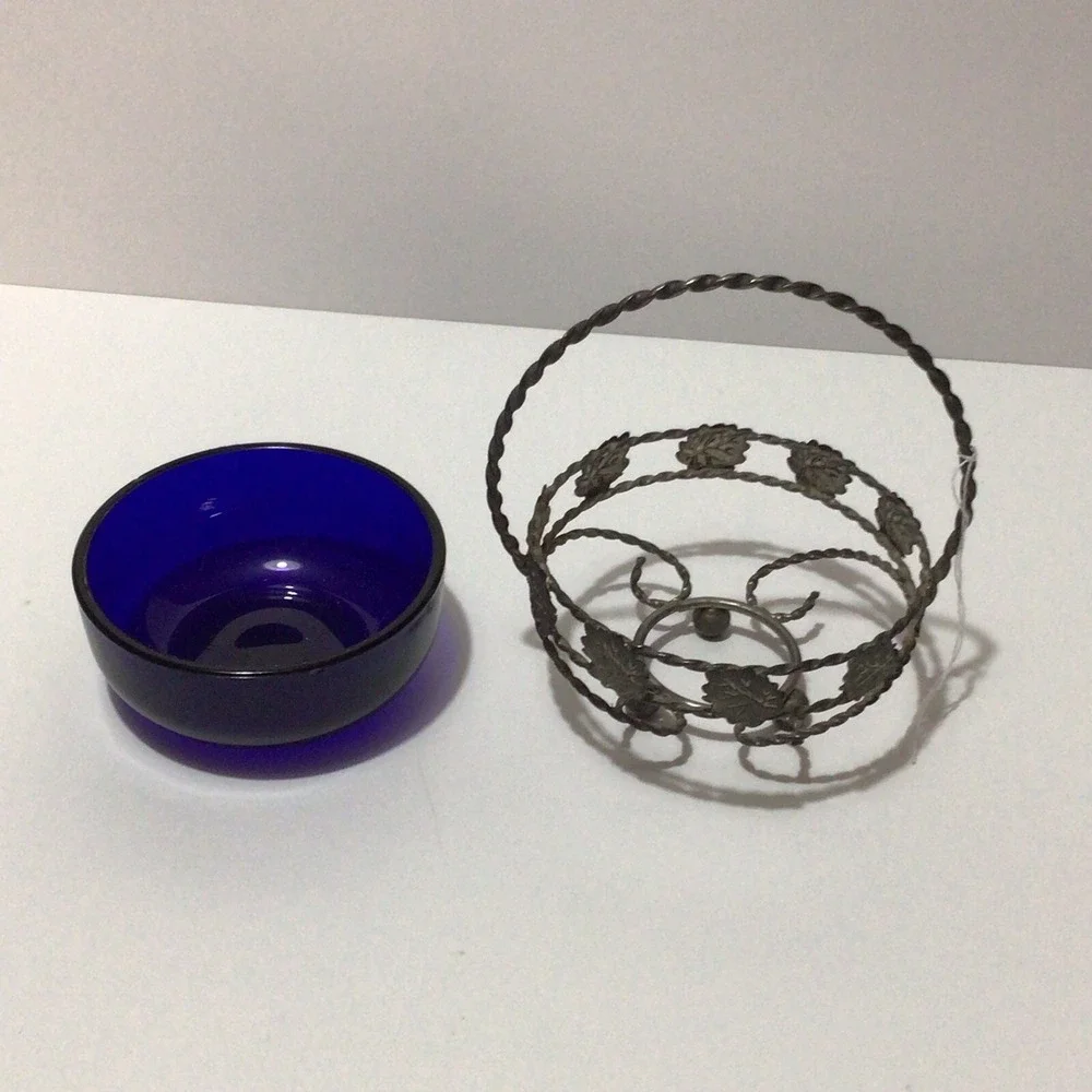 Vintage Cobalt Blue Glass Condiment‎ Dish In Metal Carrier made in England